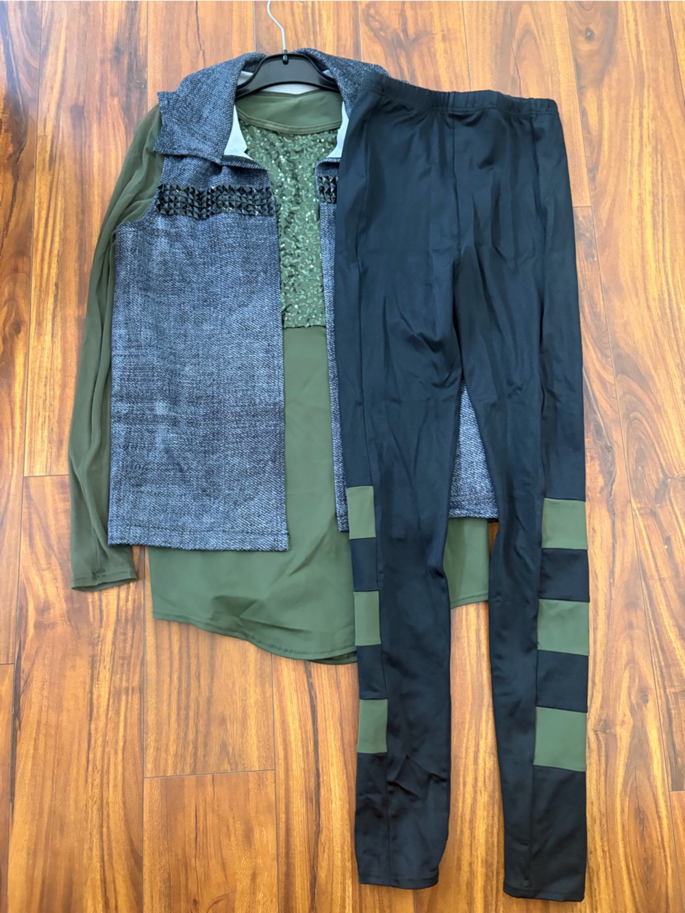 Weissman Outfit Black/Green leggings Green sequin mesh sleeve top & vest Adult S